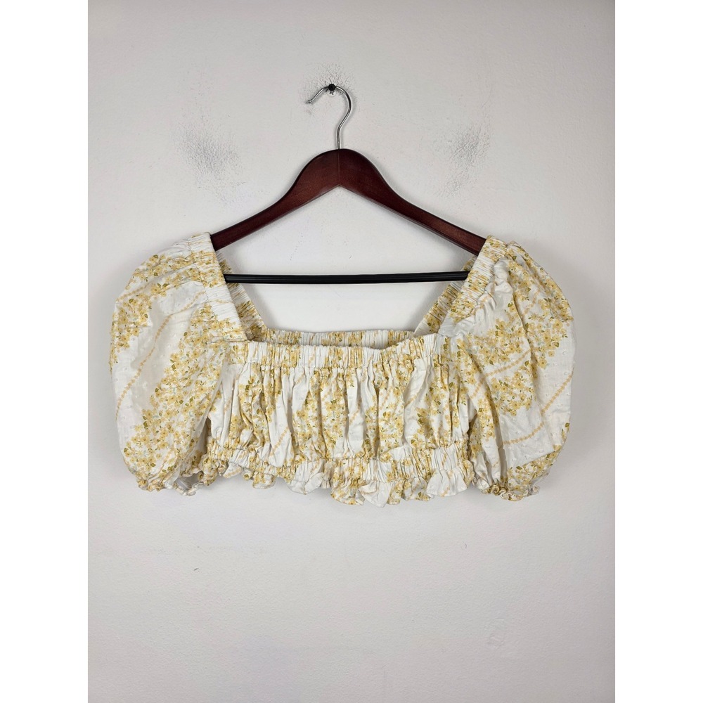 For Love & Lemons Lucie XS Yellow Floral Puff Sleeve Smocked Crop Top White